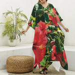 Red Hibiscus Flowers Print Silk V-Neck Kaftan Dress