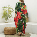 Red Hibiscus Flowers Print Silk V-Neck Kaftan Dress