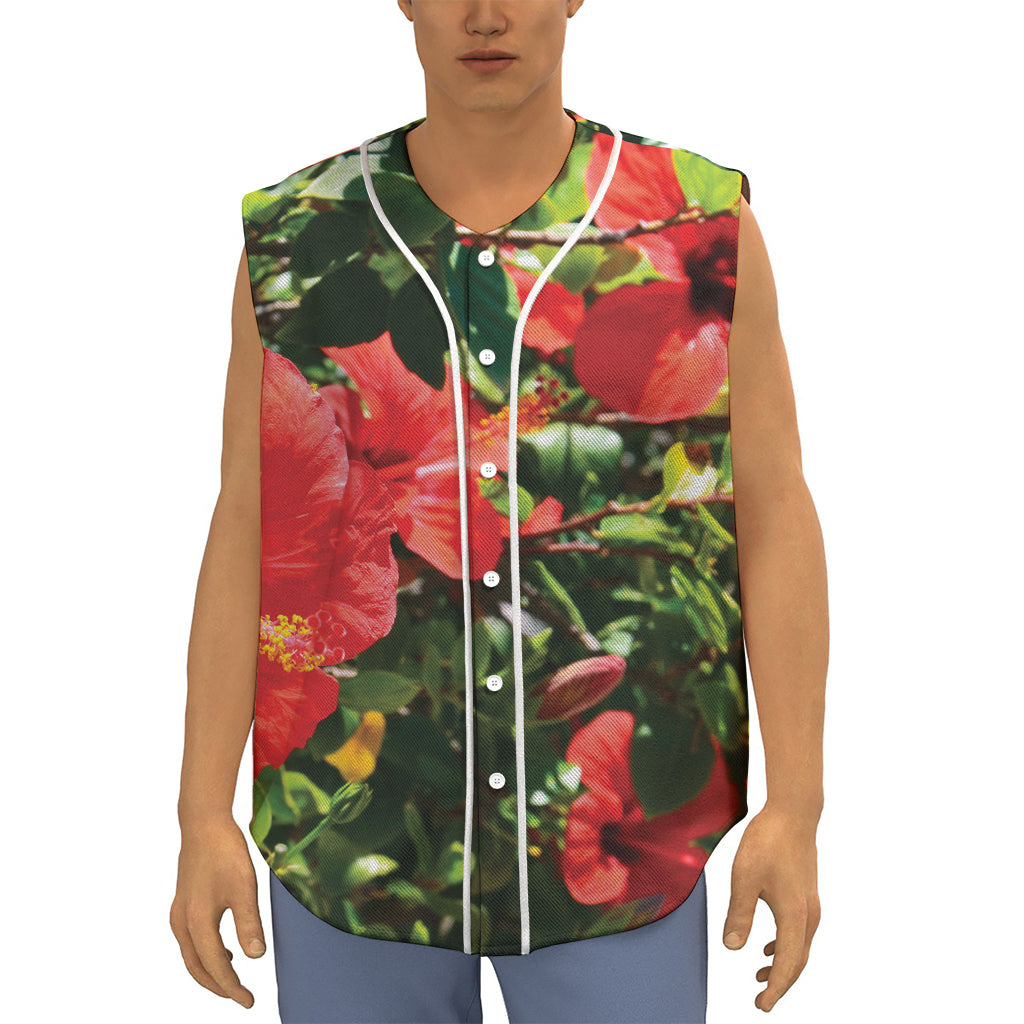 Red Hibiscus Flowers Print Sleeveless Baseball Jersey