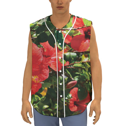 Red Hibiscus Flowers Print Sleeveless Baseball Jersey