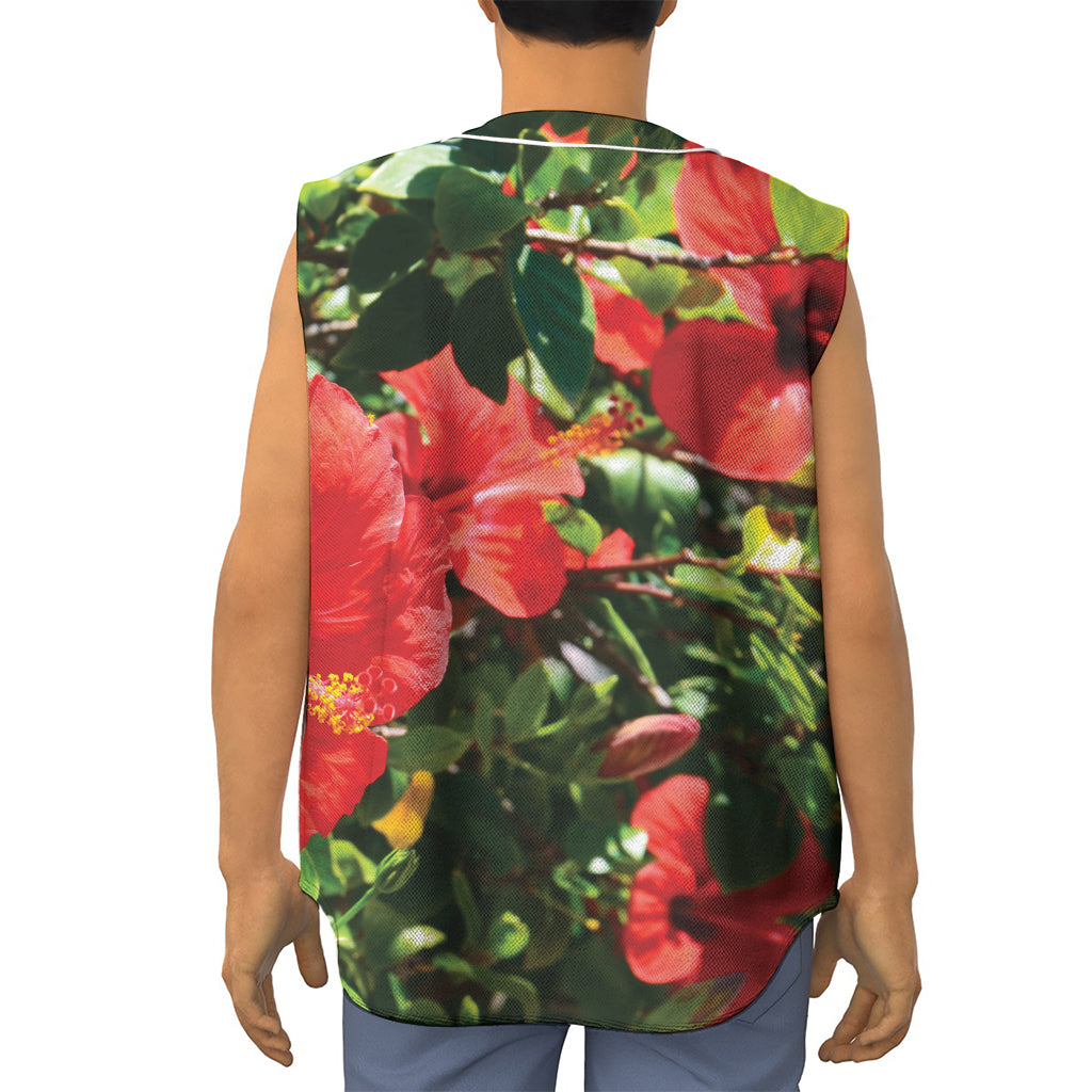 Red Hibiscus Flowers Print Sleeveless Baseball Jersey