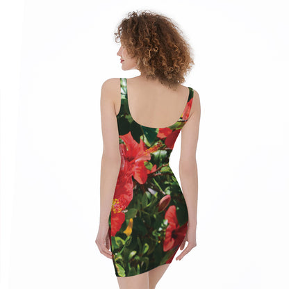 Red Hibiscus Flowers Print Sleeveless Bodycon Dress