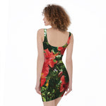 Red Hibiscus Flowers Print Sleeveless Bodycon Dress