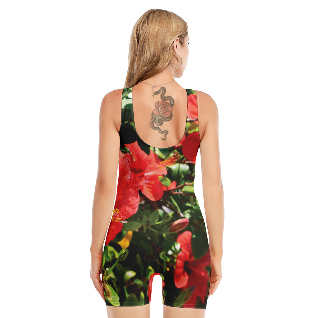 Red Hibiscus Flowers Print Sleeveless One Piece Swimsuit