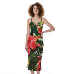 Red Hibiscus Flowers Print Slim Fit Midi Cami Dress