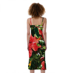Red Hibiscus Flowers Print Slim Fit Midi Cami Dress