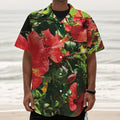 Red Hibiscus Flowers Print Textured Short Sleeve Shirt