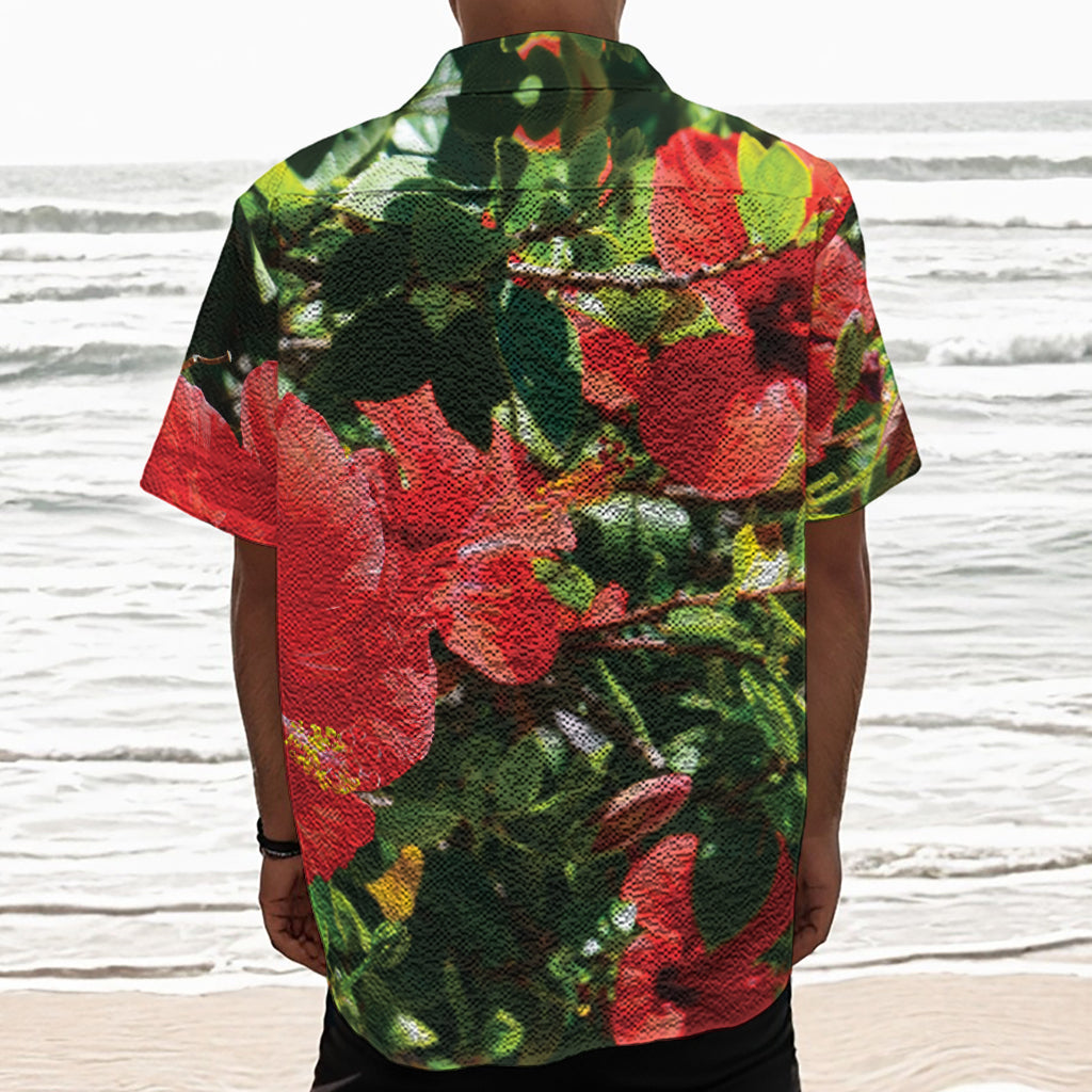 Red Hibiscus Flowers Print Textured Short Sleeve Shirt