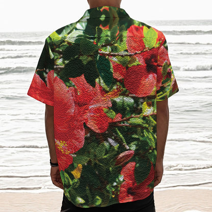 Red Hibiscus Flowers Print Textured Short Sleeve Shirt