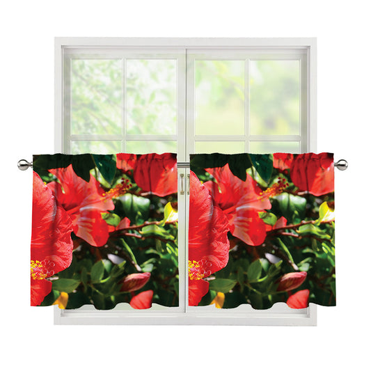 Red Hibiscus Flowers Print Tier Curtains