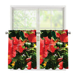 Red Hibiscus Flowers Print Tier Curtains