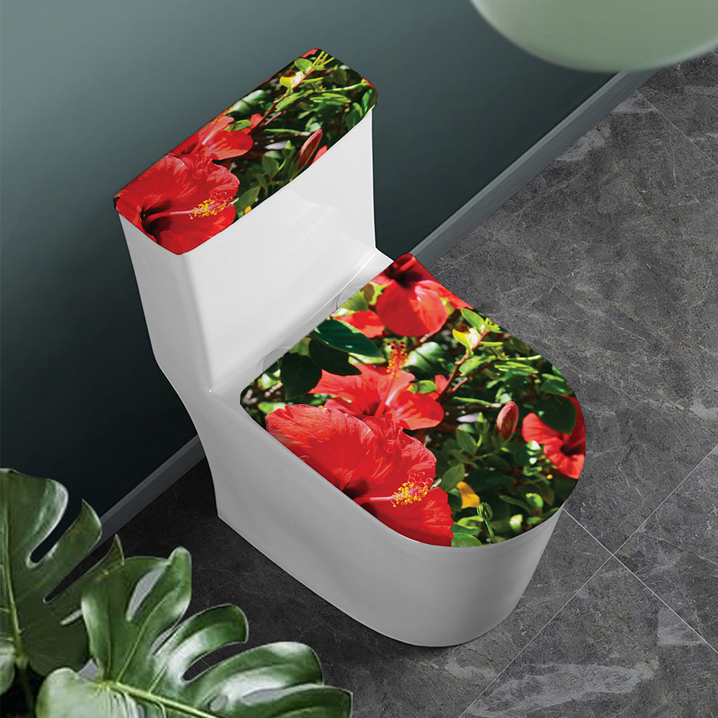 Red Hibiscus Flowers Print Toilet Lid And Tank Cover Set