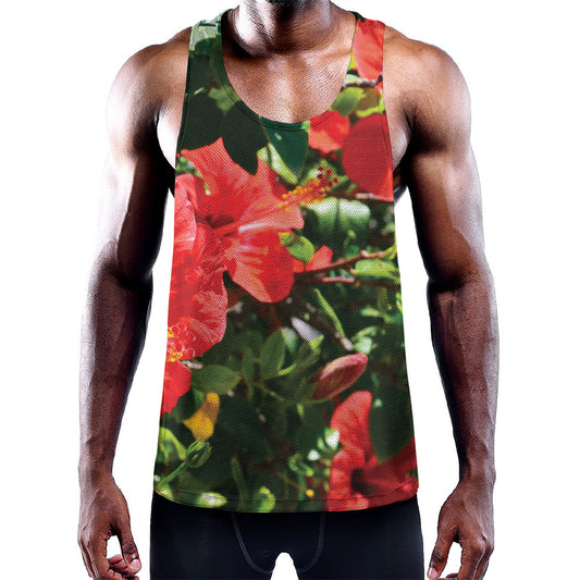 Red Hibiscus Flowers Print Training Tank Top