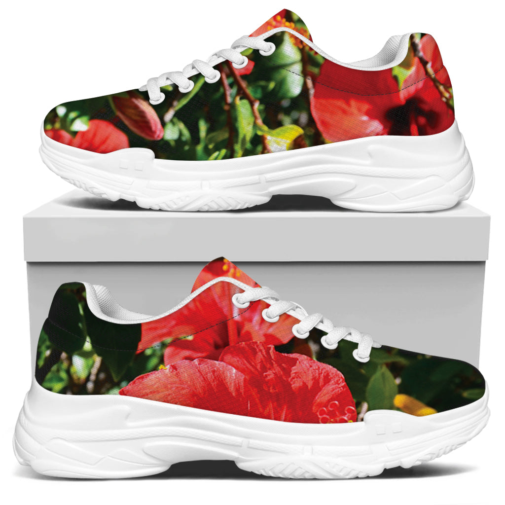 Red Hibiscus Flowers Print White Chunky Shoes