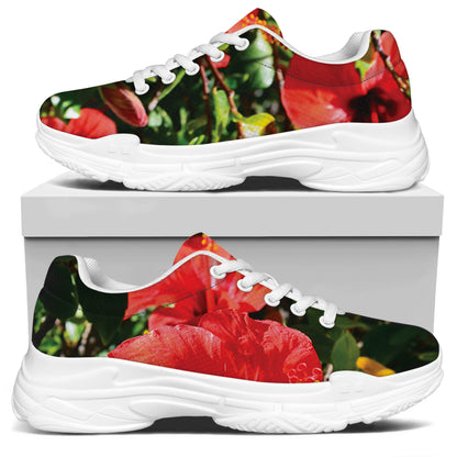 Red Hibiscus Flowers Print White Chunky Shoes
