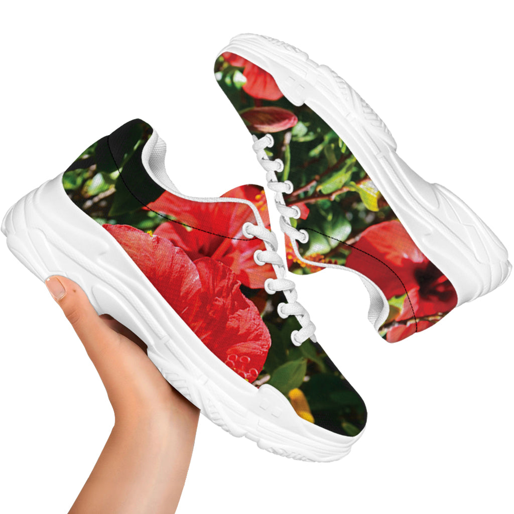 Red Hibiscus Flowers Print White Chunky Shoes
