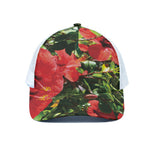 Red Hibiscus Flowers Print White Mesh Trucker Cap