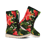 Red Hibiscus Flowers Print Winter Boots