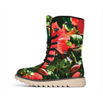 Red Hibiscus Flowers Print Winter Boots