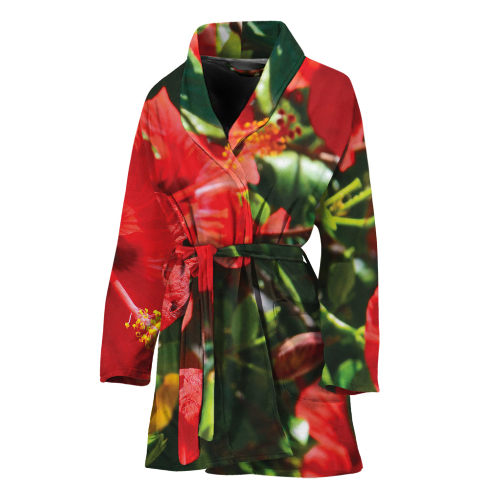 Red Hibiscus Flowers Print Women's Bathrobe