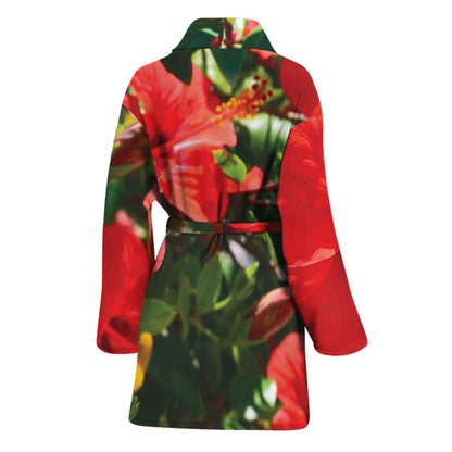 Red Hibiscus Flowers Print Women's Bathrobe
