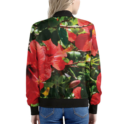 Red Hibiscus Flowers Print Women's Bomber Jacket