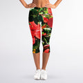 Red Hibiscus Flowers Print Women's Capri Leggings