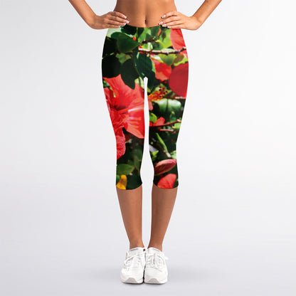 Red Hibiscus Flowers Print Women's Capri Leggings