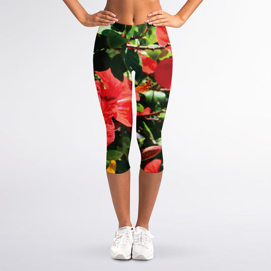 Red Hibiscus Flowers Print Women's Capri Leggings