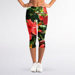 Red Hibiscus Flowers Print Women's Capri Leggings