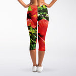 Red Hibiscus Flowers Print Women's Capri Leggings