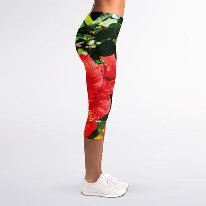 Red Hibiscus Flowers Print Women's Capri Leggings