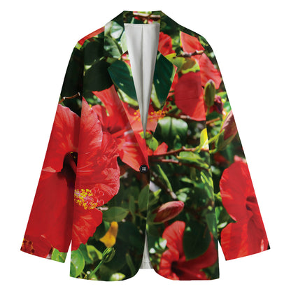 Red Hibiscus Flowers Print Women's Cotton Blazer