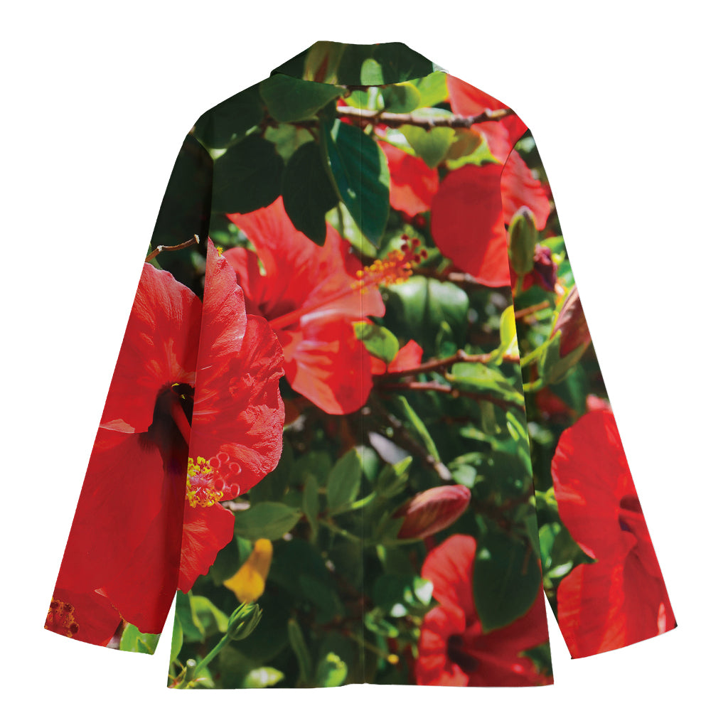 Red Hibiscus Flowers Print Women's Cotton Blazer