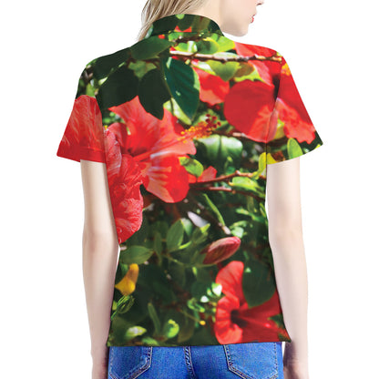 Red Hibiscus Flowers Print Women's Polo Shirt