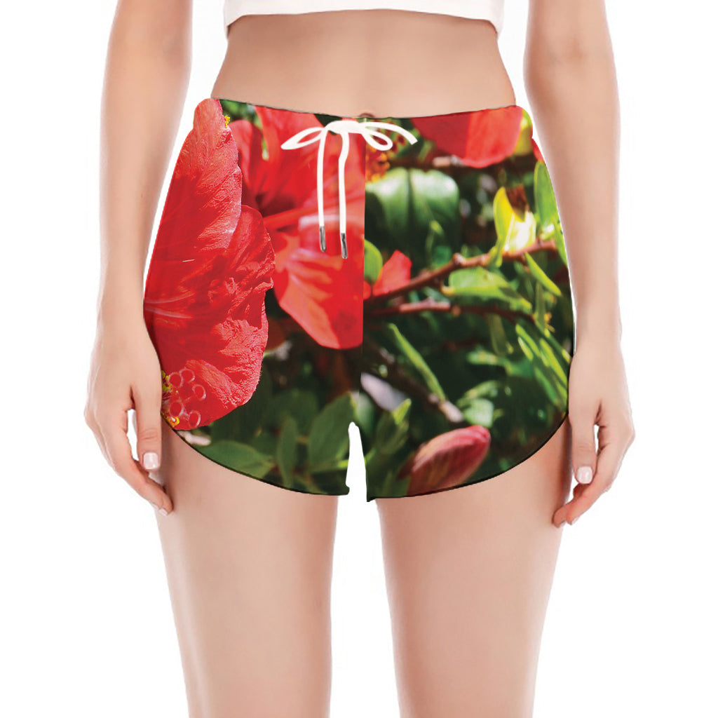 Red Hibiscus Flowers Print Women's Split Running Shorts