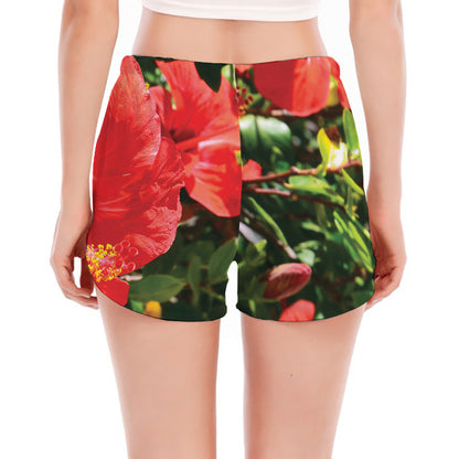 Red Hibiscus Flowers Print Women's Split Running Shorts