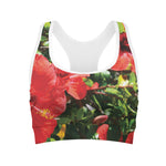 Red Hibiscus Flowers Print Women's Sports Bra
