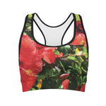 Red Hibiscus Flowers Print Women's Sports Bra