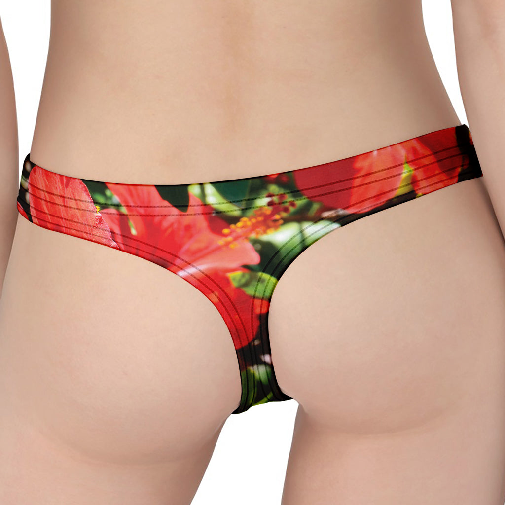 Red Hibiscus Flowers Print Women's Thong