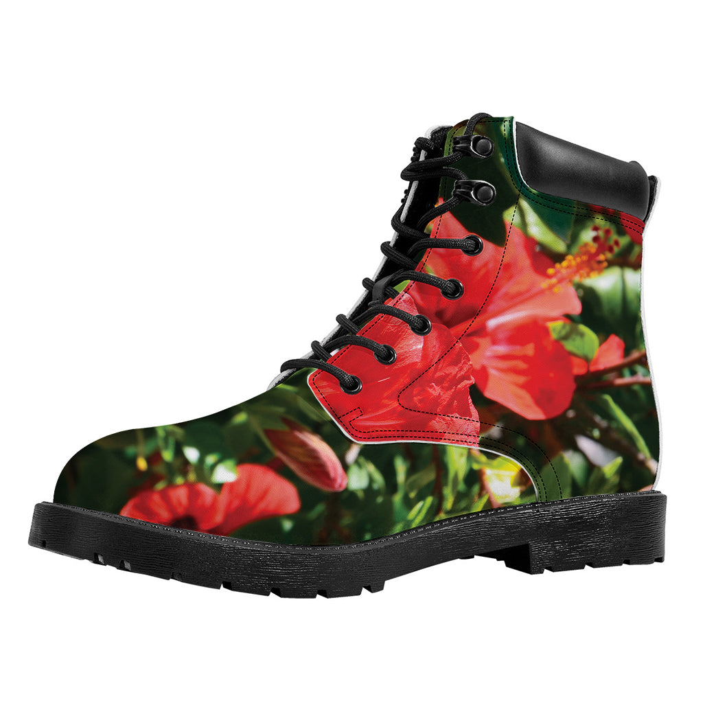 Red Hibiscus Flowers Print Work Boots