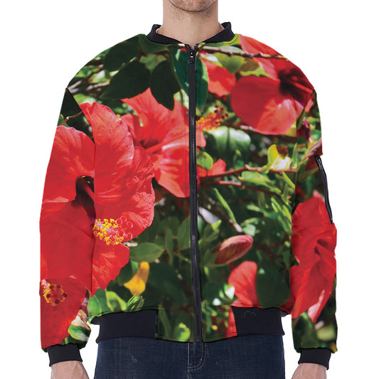 Red Hibiscus Flowers Print Zip Sleeve Bomber Jacket