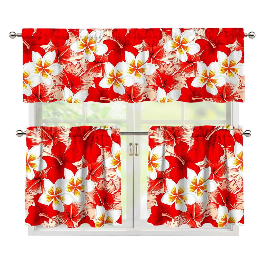 Red Hibiscus Plumeria Pattern Print 3 Piece Kitchen Curtains