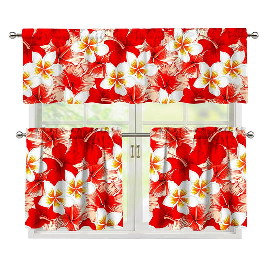 Red Hibiscus Plumeria Pattern Print 3 Piece Kitchen Curtains