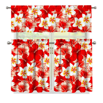 Red Hibiscus Plumeria Pattern Print 3 Piece Kitchen Curtains