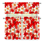 Red Hibiscus Plumeria Pattern Print 3 Piece Kitchen Curtains