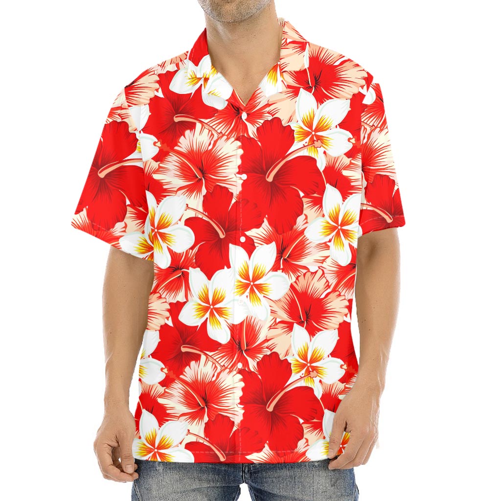 Red Hibiscus Plumeria Pattern Print Aloha Shirt