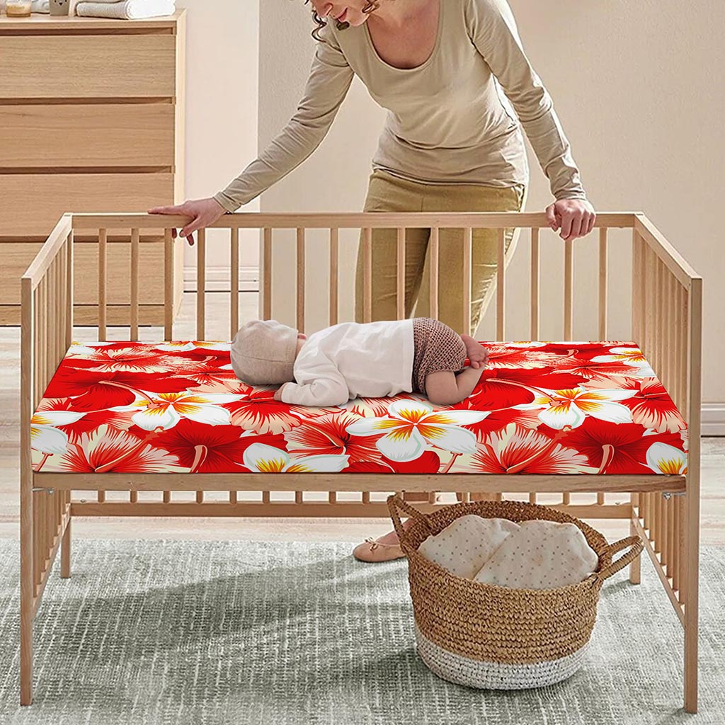 Red Hibiscus Plumeria Pattern Print Baby Crib Sheet