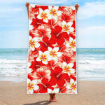 Red Hibiscus Plumeria Pattern Print Beach Towel
