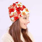 Red Hibiscus Plumeria Pattern Print Beanie